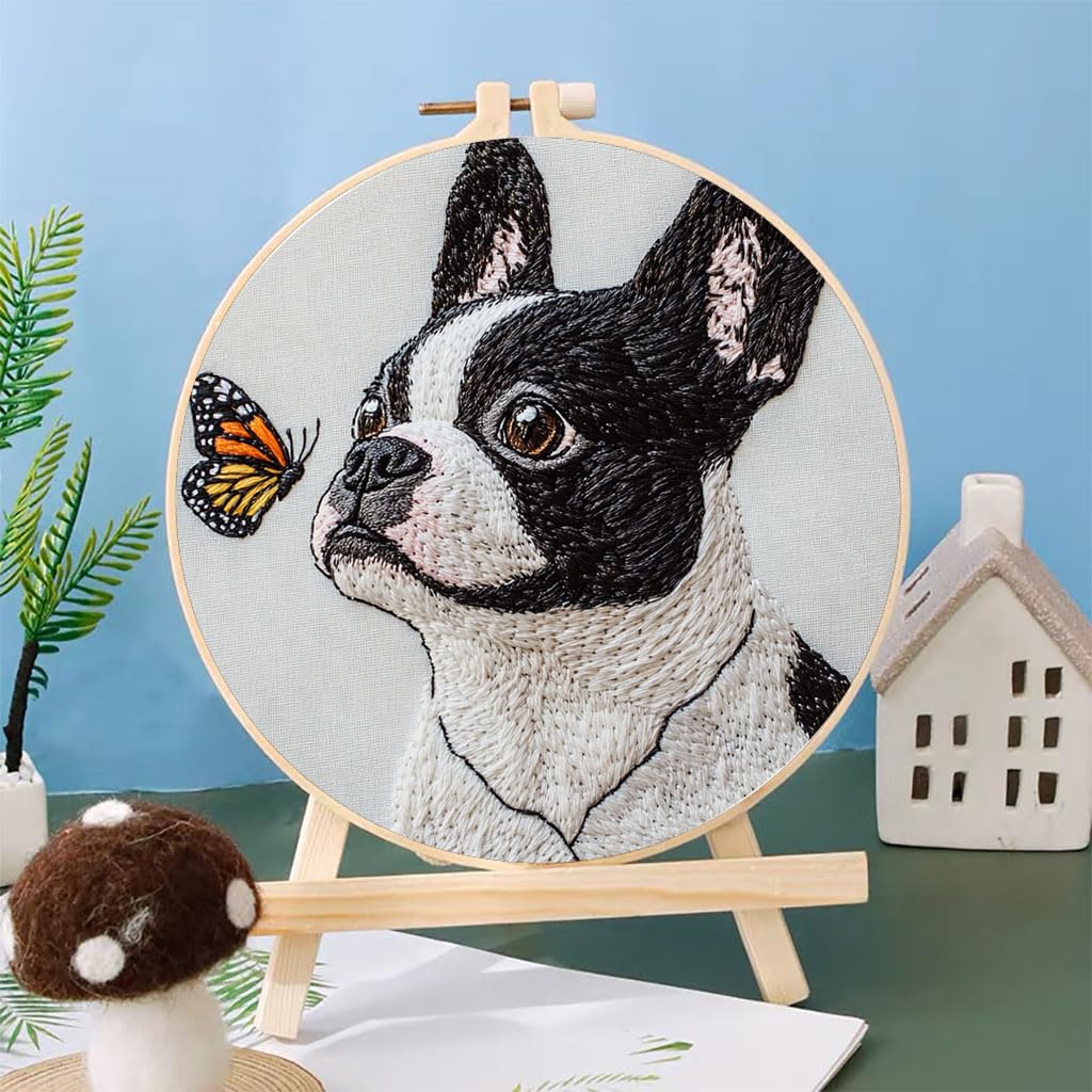 Punch Needle Kits Boston Terrier Dog and Butterfly Embroidery Starter Set with Hoop Easy for Beginners DIY Stress Relief Handmade Craft Hobby and Home Decor 20x20cm-3