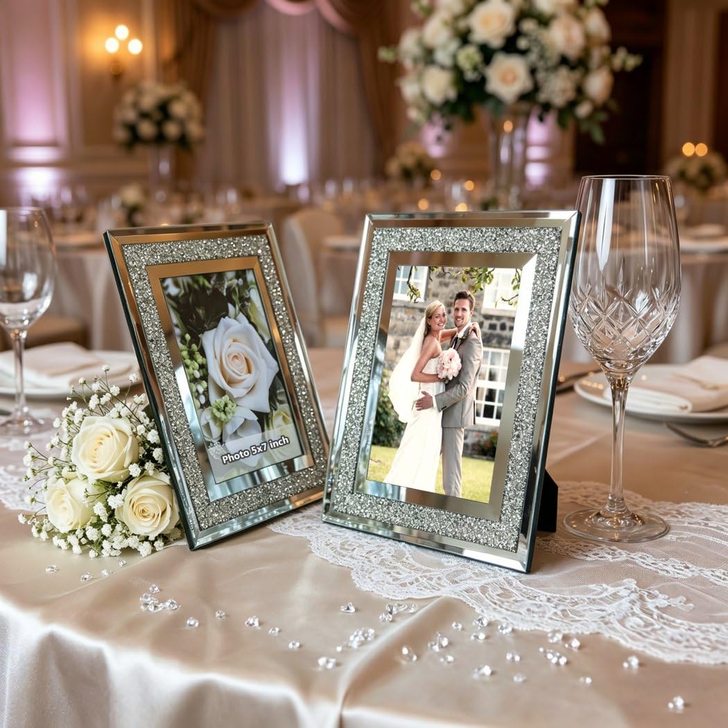 ALLARTONLY Crush Diamond Mirror Photo Frame In Bling Sparkle Crystal Silver Glass Finish, For Picture Size 5x7 inch, Pack of 2 Piece, table top Stand frame & Wall Frame