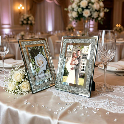 ALLARTONLY Crush Diamond Mirror Photo Frame In Bling Sparkle Crystal Silver Glass Finish, For Picture Size 5x7 inch, Pack of 2 Piece, table top Stand frame & Wall Frame