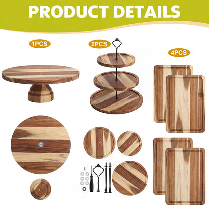 RattanView 7 Pcs Wood Dessert Table Display Set Wooden 3 Tie Cupcake Stands Rustic Round Cake Stand Wood Dessert Serving Trays for Wedding Baby Shower Birthday Tea Party(Brown)
