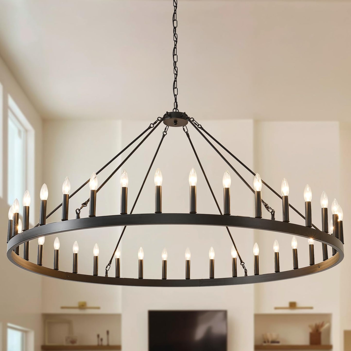 TESTOYS Modern Wagon Wheel Light Fixture 36-Light, 60-Inch Extra Large Farmhouse Chandelier for Entryway, Round Outdoor Chandeliers for Living Room Dining Room Foyer