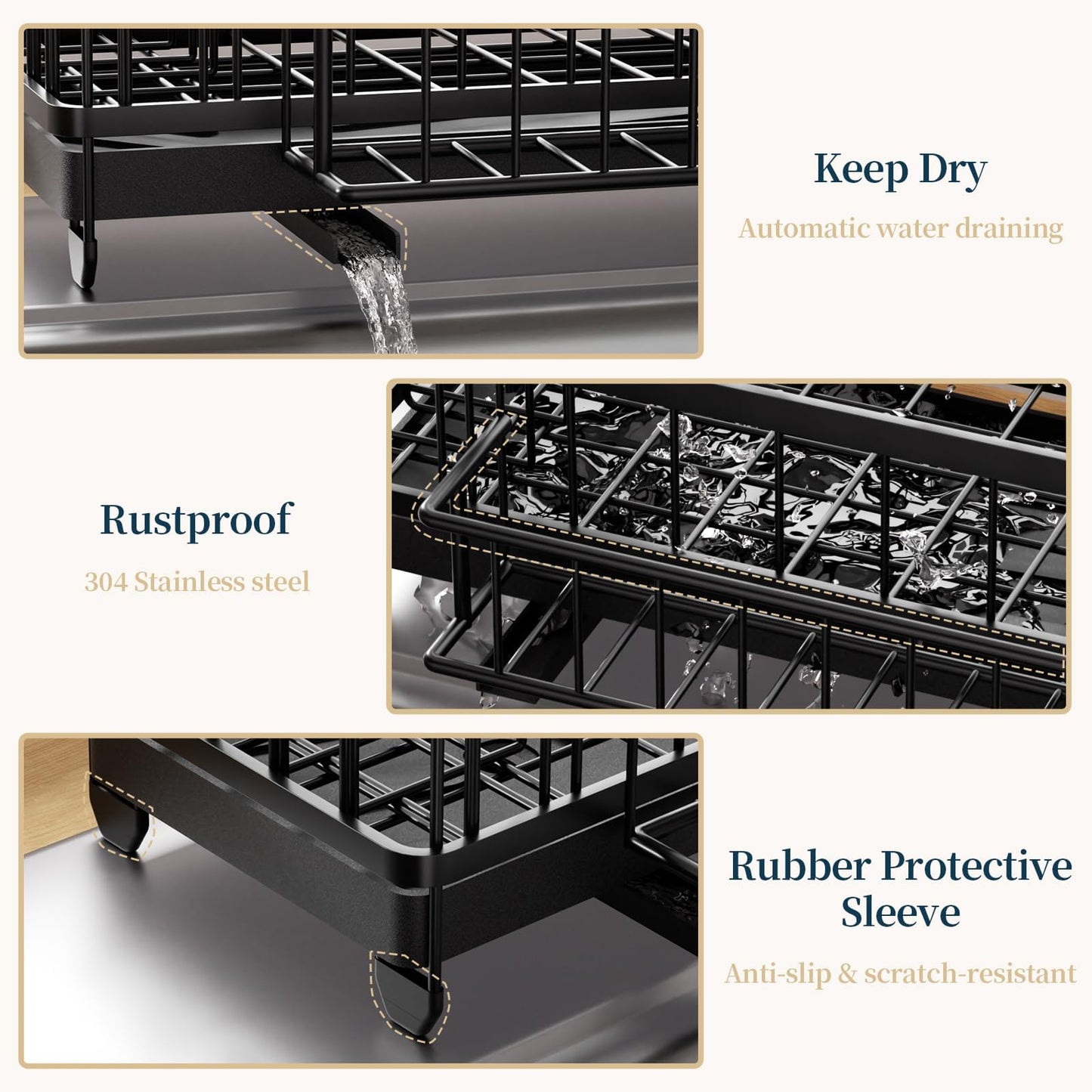 Consumest Sponge Holder for Kitchen Sink - Auto Draining Sink Caddy Organizer with Detachable Rack, High Brush Holder, Kitchen Countertop Storage Accessories, Black