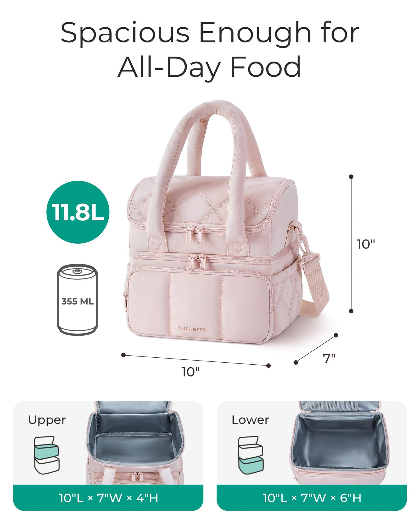 BAGSMART Lunch Bag Women, Double Deck Insulated Lunch Box, Quilted Puffer Lunch Tote, Leakproof, Durable & Reusable Large Lunch Cooler For Work Picnic Travel Meal Prep, Camel