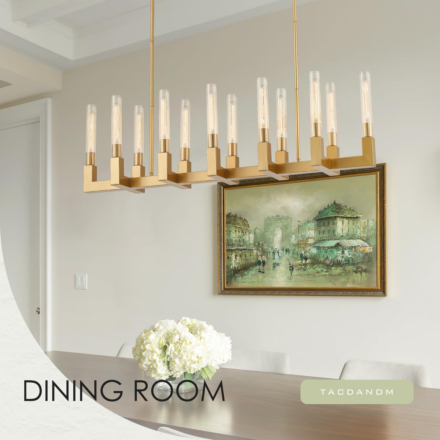TACDANDM 54-inch Linear Dining Room Pendant Light Fixture with Glass Tube,Gold Rectangular 12-Lights Industrial Kitchen Island Lighting Over Table(Included E26 Bulbs)