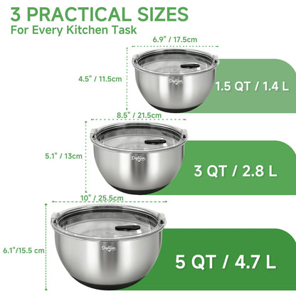 Mixing Bowls with Airtight Lids, Stainless Steel Nesting Bowl Set with Clear Lids & Valve, 3 Essential Sizes (1.5/3/5 QT), Measurement Marks, Non-Slip Silicone Base, Food Prep & Fridge Storage, Black