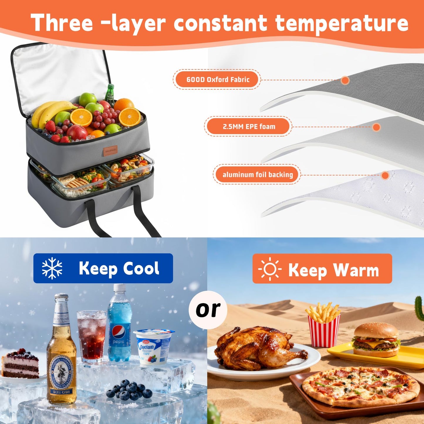 BlissfulSGDM Insulated Casserole Carrier, Double Decker Food Carriers for Hot or Cold Food, Portable Leakproof Thermal Bag for Travel/Potluck Parties/Picnic/Cookouts(Grey)