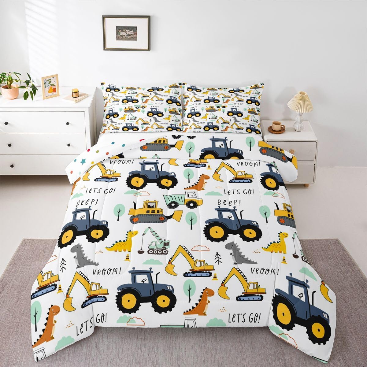 Set Set Kids Excavator Comforter Full, Cartoon Equipment Trucks Bedding for Boys Girls Children, Dinosaur Duvet Insert