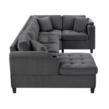 Merax 115.7" U-Shaped Chenille Sectional Sofa, 4 Seat Corner Couch Oversized with Built-in Cup Holders, 3 Pillows, Storage Space for Living Room, Grey