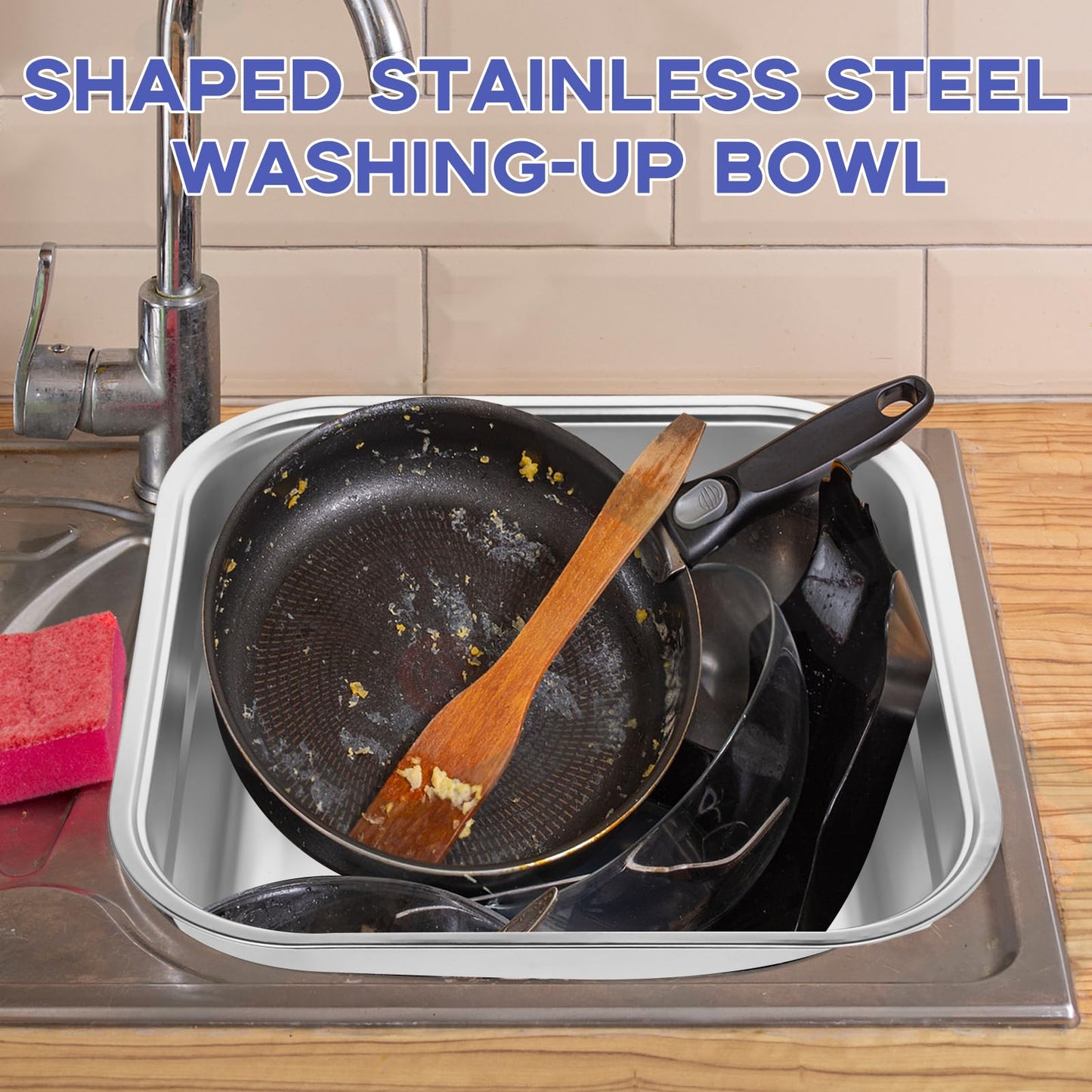 2PCS Stainless Steel Washing Up Bowls, 12.8" Sturdy Square Dish Tub, Fruit Vegetable Washing Basin for Sink, Large Square Containers for Kitchen, Vegetable Washing Basins, Sturdy Dishpans for Home