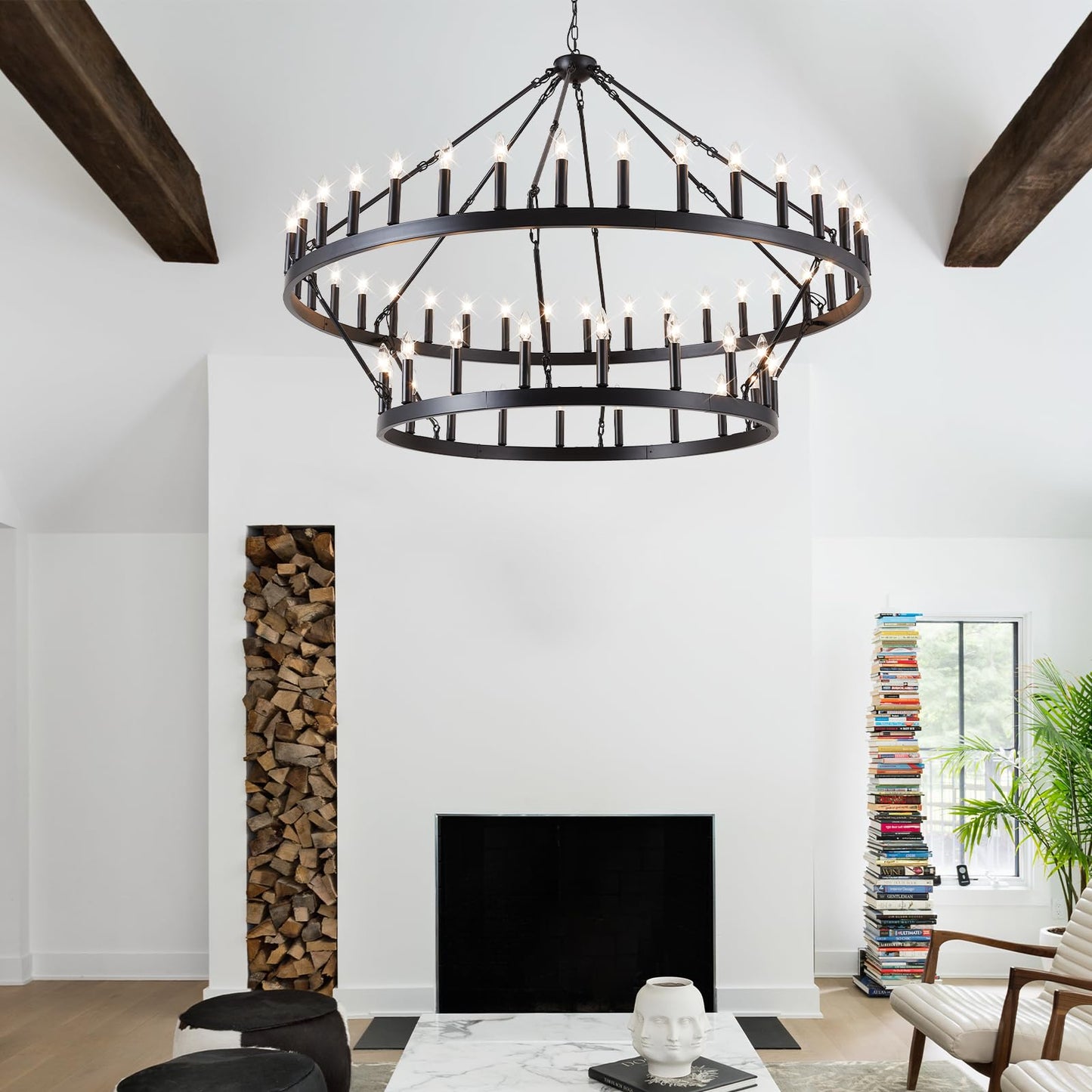 VBKK 60-Inch Black Extra Large Wagon Wheel Chandelier, 2 Tier 54-Light Farmhouse Chandeliers Industrial Round High Ceiling Pendant Light for Dining Room, Living Room, Entryway, E12