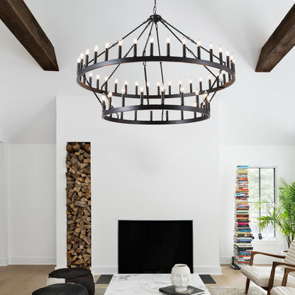 VBKK 60-Inch Black Extra Large Wagon Wheel Chandelier, 2 Tier 54-Light Farmhouse Chandeliers Industrial Round High Ceiling Pendant Light for Dining Room, Living Room, Entryway, E12