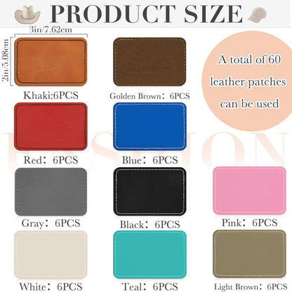 Dunzy 60 Pcs Leather Hat Patches Blank Leatherette Hat Patch with Adhesive Rectangle Laserable Leatherette Patch for Hats Custom Fabric Sew Laser Engraving DIY(Multicolor,3 x 2 Inch)