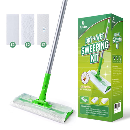 Eyliden Sweeper Mop with 36 Refills - 3 Types of Disposable Dry & Wet Cloths | Lock-Tight Design No Lost Pads, Universal Refills, Multi-Surface Sweeping Starter Kit for Pet Hair, Dust, Floor Cleaning