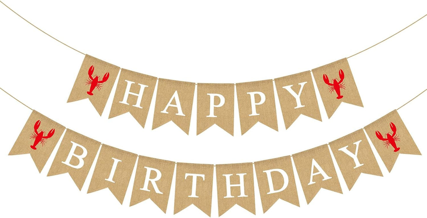 Summer Jute Burlap Crawfish Boil Happy Birthday Banner Rustic Lobster Photo Booth Backdrop Decoration