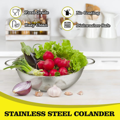 P&P CHEF Stainless Steel Colander, Micro-Perforated Food Strainer with Handle for Washing Draining, Great for Pasta Fruits Vegetables, Dishwasher Safe & Healthy, 1 +3 Qt, 2Pcs