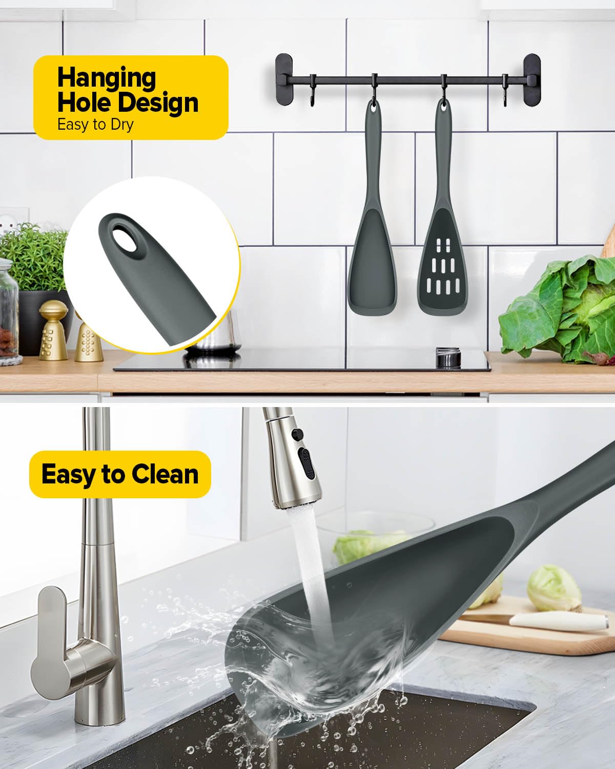 Pack of 2 Cooking Spoons for Non Stick Cookware, Multifunction Spatula Spoon BPA-Free, One-Piece Design, Suitable for Scooping, Scraping, Serving and Mixing(GRAY)