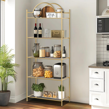 GIFTTROVE 5 Tier Bookshelf, Gold Book Shelf for Storage, Metal Tall Storage Display Bookcase, Modern Open Arched Book Case for Bedroom, Living Room, Glass Office Organization Shelf, 66.3" X 26" X 13"
