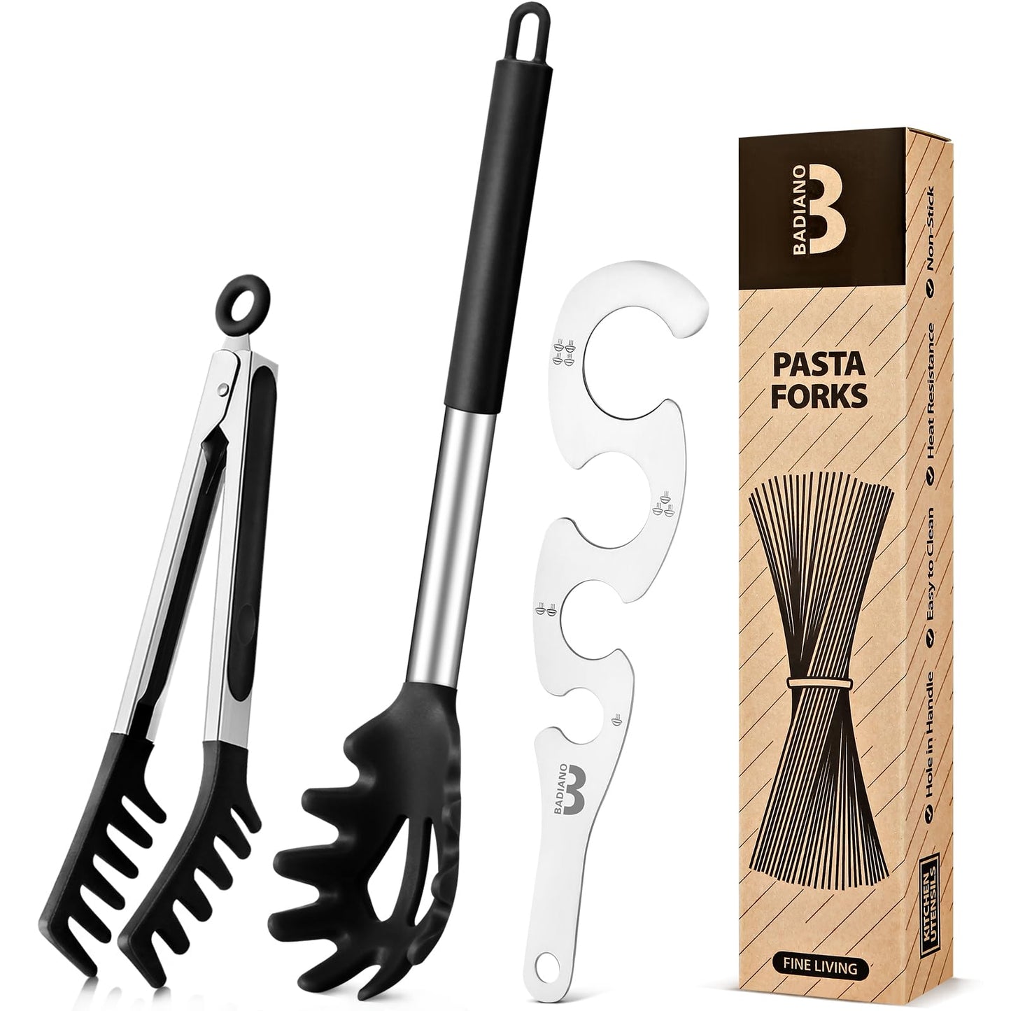 Silicone Spaghetti Spoon & Pasta Tong With Pasta Measurer, 3 Pack of Non-Stick Stainless Steel Handle Pasta Fork Set with Teeth, Food Clip for Easy Serving of Noodles (BLACK)