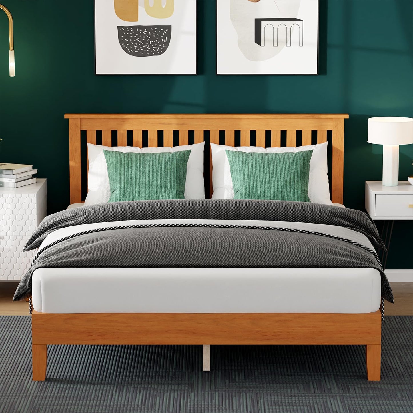 FDW Wood Platform Bed Frame Sturdy Solid Wood Foundation with Wooden Headboard/Wood Slats Support/No Box Spring Needed/Easy Assembly/Under Bed Storage (Queen)