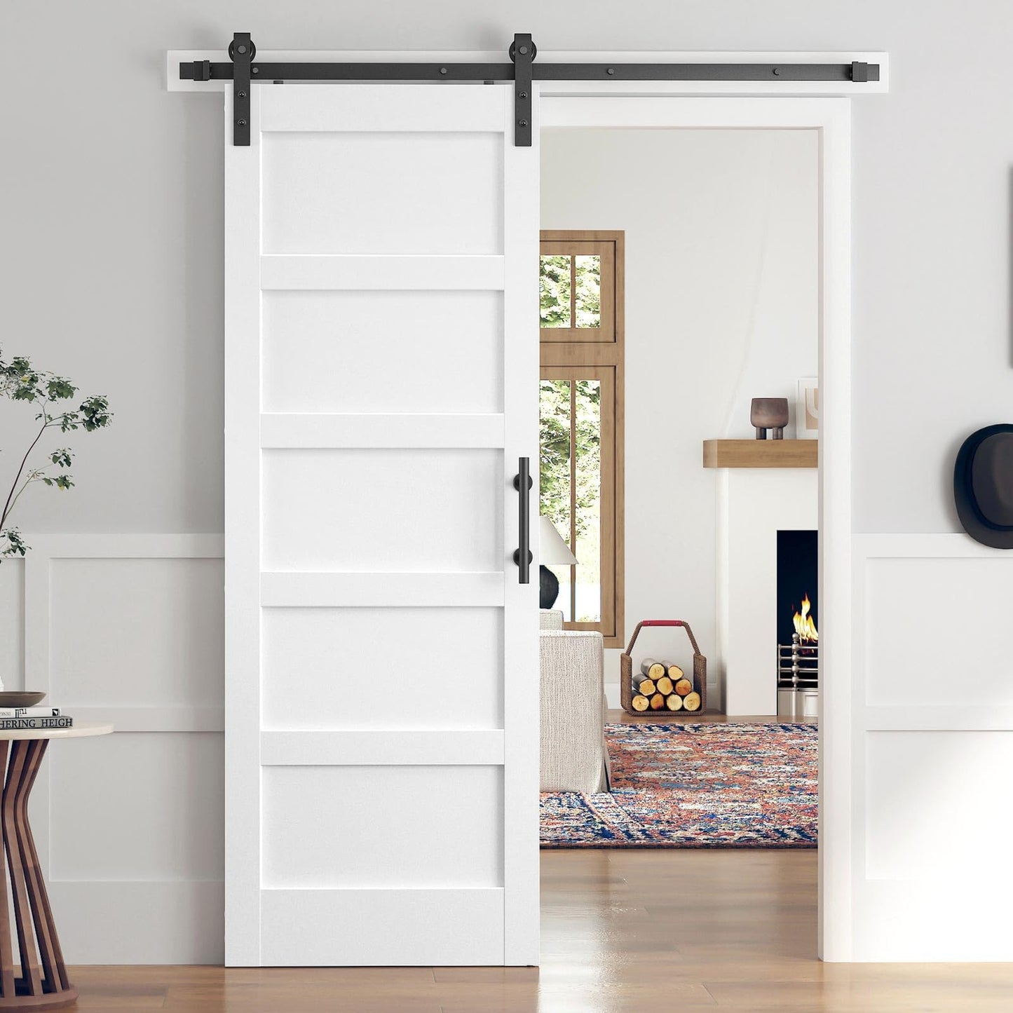 ROYMELO 32x80 Inch White Sliding Barn Door Slab with 5.5ft Hardware Kit Included, 5-Panel, MDF Wood Panel Covered with Water-Proof Scratch-Proof PVC Surface, Simple DIY Assembly