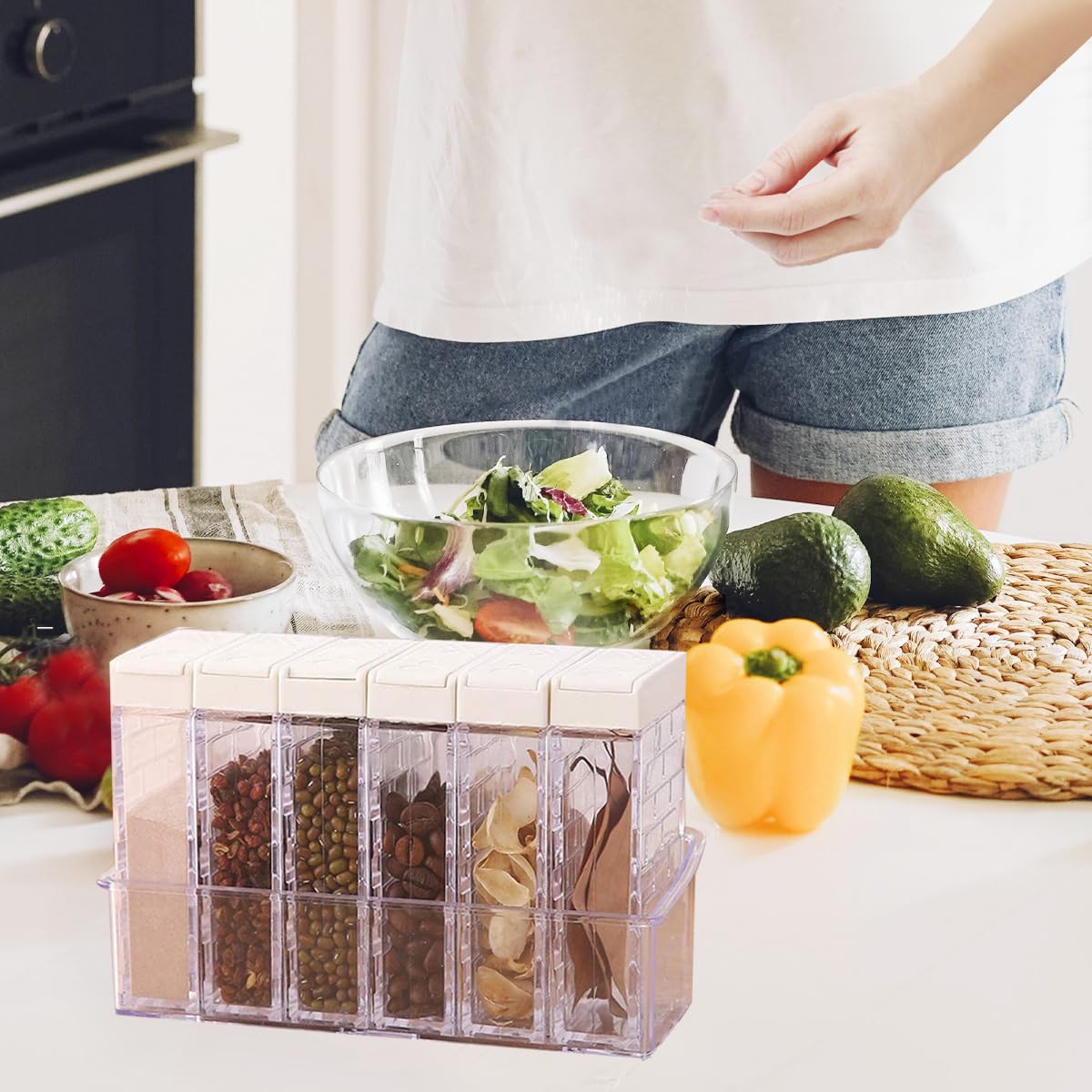 Anberky 12 PCS Spice Shaker Jars, Salt and Pepper Shakers Set, Seasoning Shaker Boxes Condiment Set, Plastic Spice Dispenser Cases Clear Seasoning Storage Container Bottles with Lid & Tray (#A)