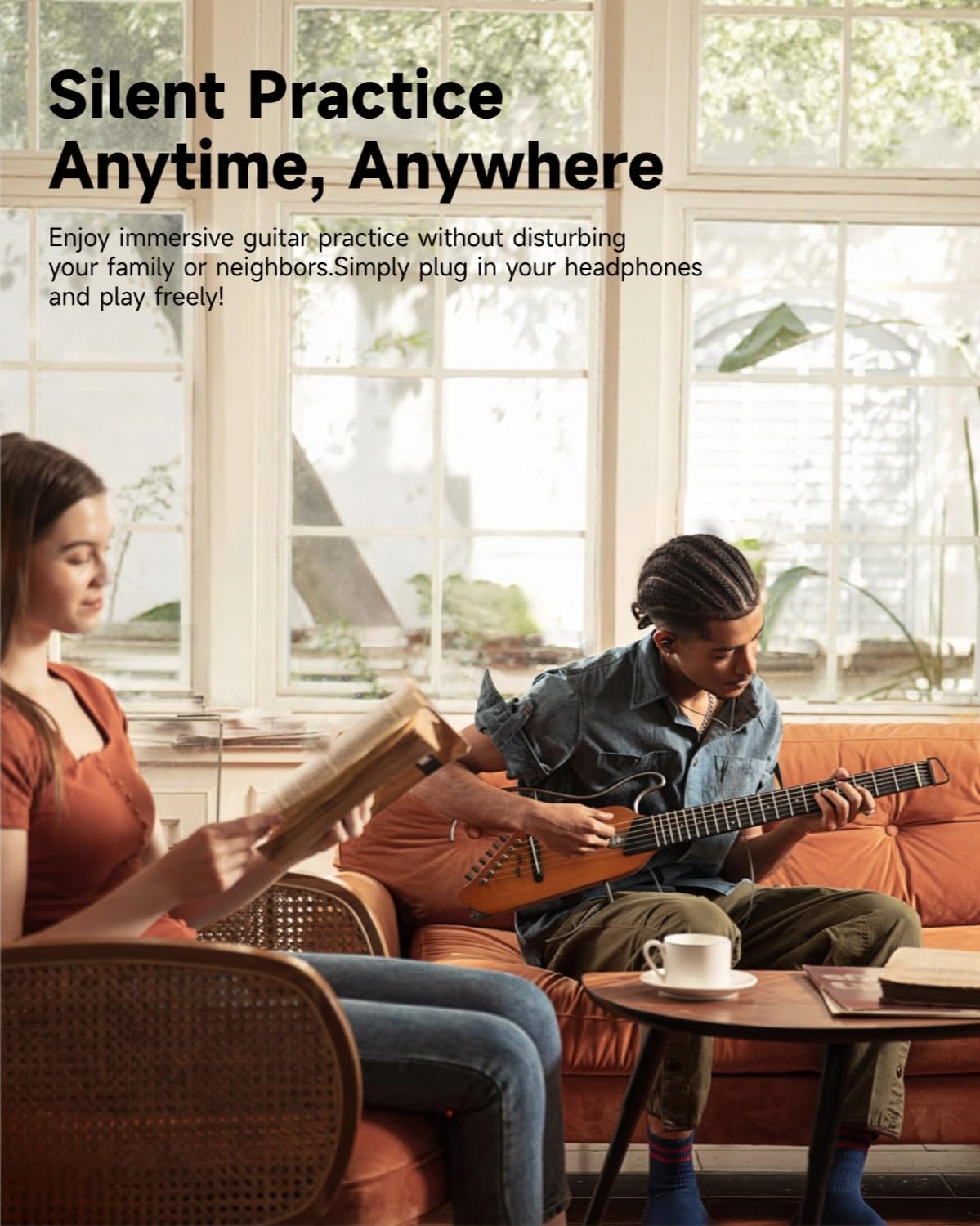 Donner HUSH I Guitar For Travel - Portable Ultra-Light and Quiet Performance Headless Acoustic-Electric Guitar, Mahogany Body with Removable Frames, Gig Bag,and Accessories
