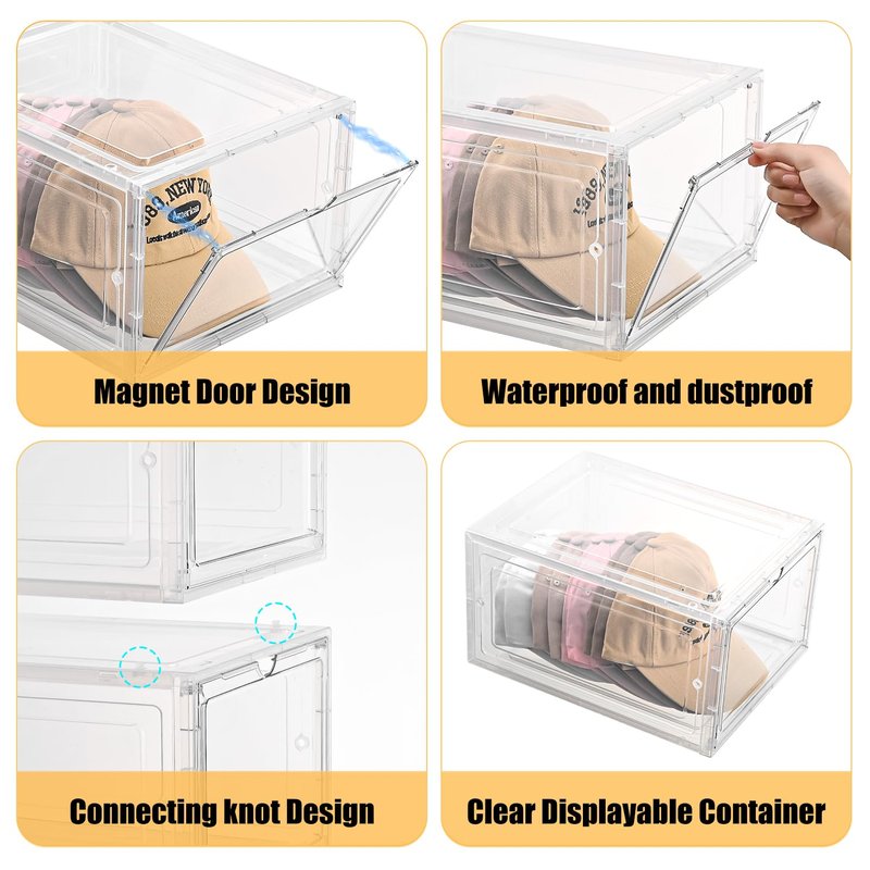 beehomay Hat Organizer Box,Stackable Clear Baseball Caps Holder Box Containers with Magnetic Door for Hats Snapback Cap Storage,Clear Hat Storage with Magnetic Door, Holds 20 Hats(clear, 2 pack)