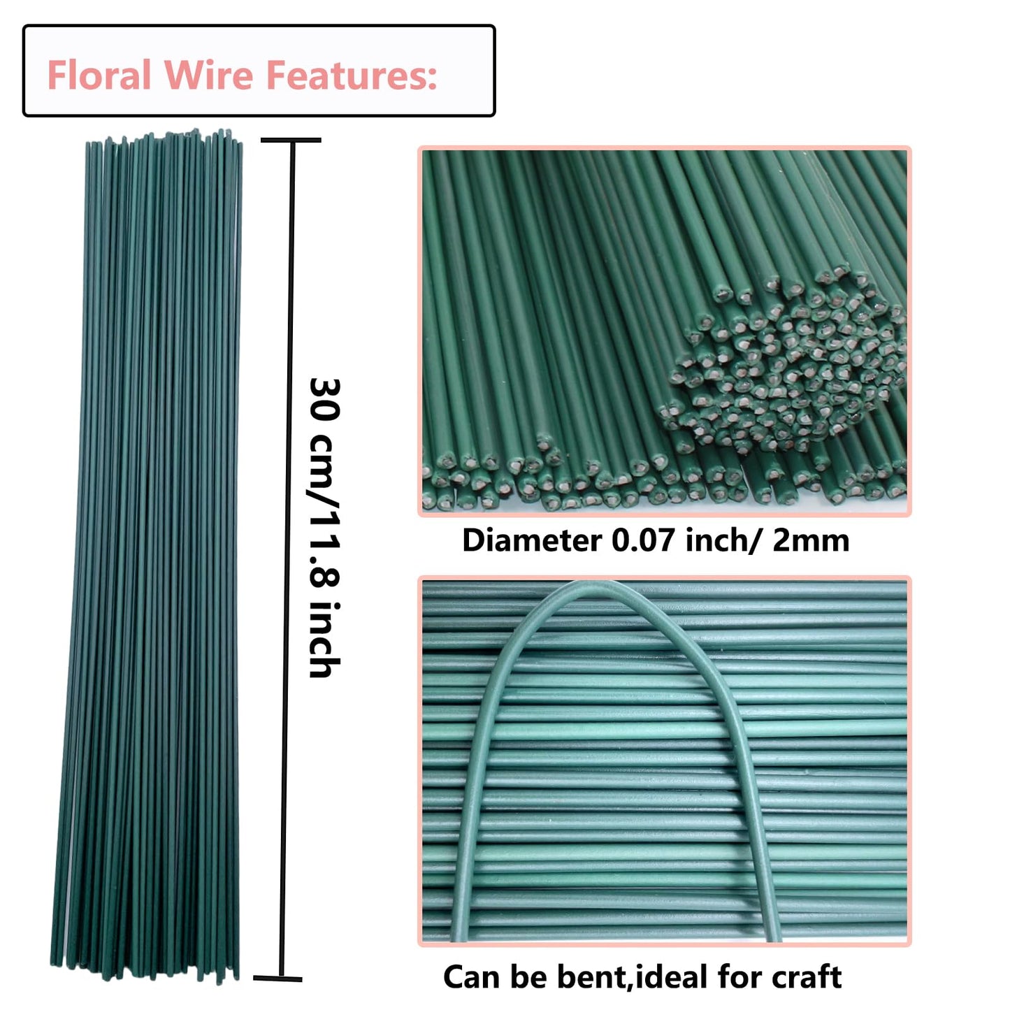 Swpohrat 50 pcs 2 Guage 11.8 Inch Floral Stem Wire and 4 Rolls 1/2 Inch Wide Green Floral Tape for Craft Pipe Cleaner Bouquet,Wedding Bouquet,Flower Pens,Arts and Crafts Making