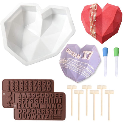 Chocolate Mold Set,Chocolate Heart Molds,Breakable Heart Mold with Hammer,Number and Letter Molds for Cake Decoration Candy Making-Suitable for Various Festivals