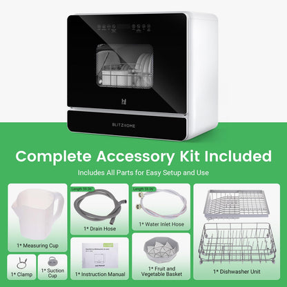 BLITZHOME Countertop Portable Dishwasher, 9 Programs, 167℉ High-Temp, 360° 3 Spray, 24H Timing, Hot Air Drying, Air Refresh, Baby-Care, LED Light, 5.2L Built-in Water Tank for Apartments RVs