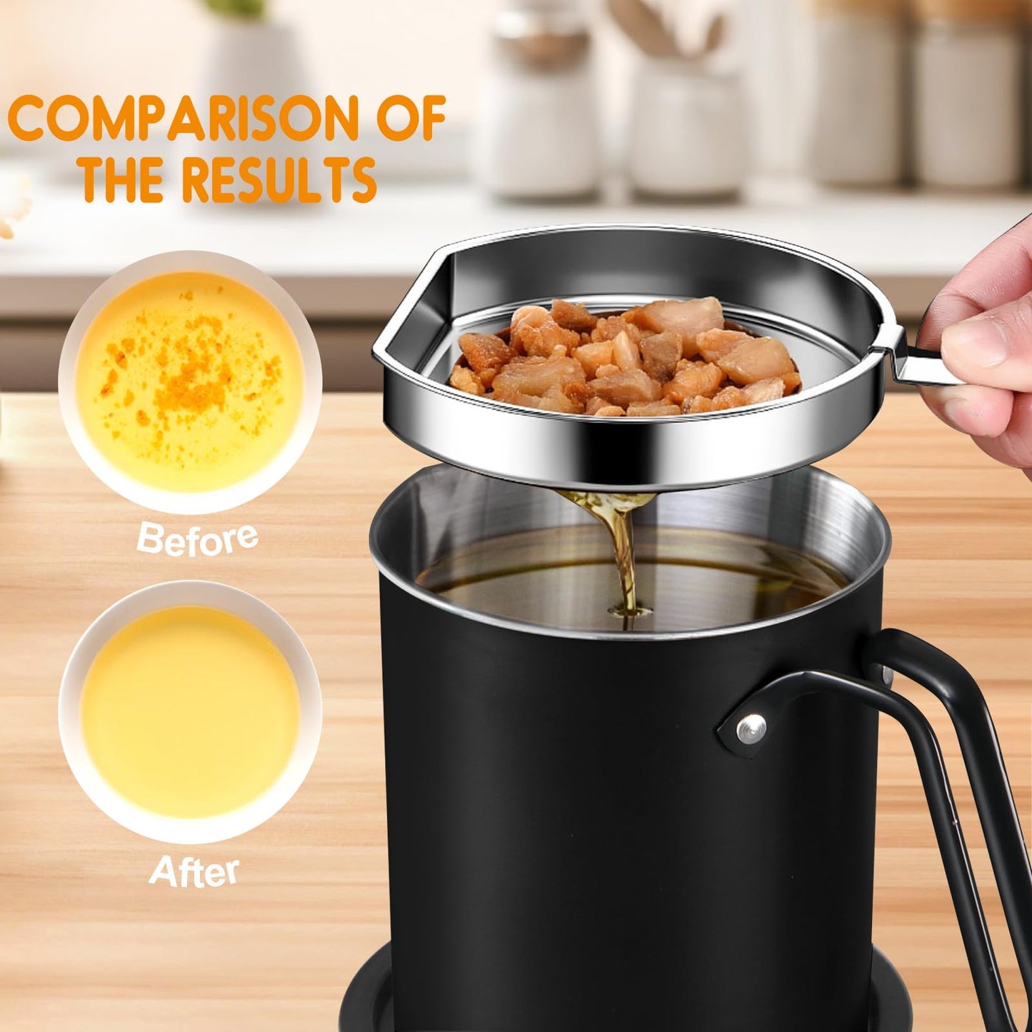 Chihee Grease Container Stainless Steel Bacon Grease Saver with Fine Mesh Strainer 2L / 67.6 fl oz Cooking Oil Keeper Stoarge Can with Dust-proof Lid Non-slip Tray for Kitchen Frying