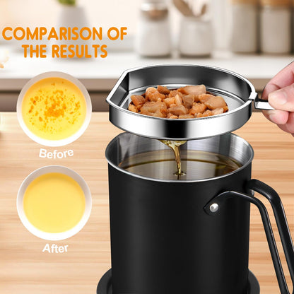 Chihee Grease Container Stainless Steel Bacon Grease Saver with Fine Mesh Strainer 2L / 67.6 fl oz Cooking Oil Keeper Stoarge Can with Dust-proof Lid Non-slip Tray for Kitchen Frying