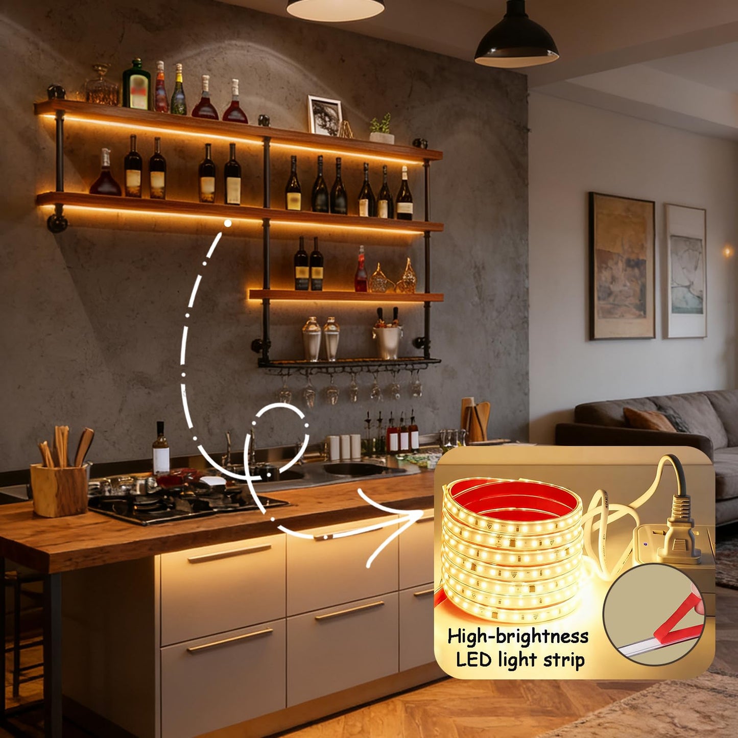 TAUODUYY 51.1in Large Wine Rack with LED Light, 4 Tiers Solid Wood Wall Mounted Wine Rack, Industrial Liquor Bottles Floating Shelves with Glass Holder for Home Bar/Dining Room (51.1in/130cm)