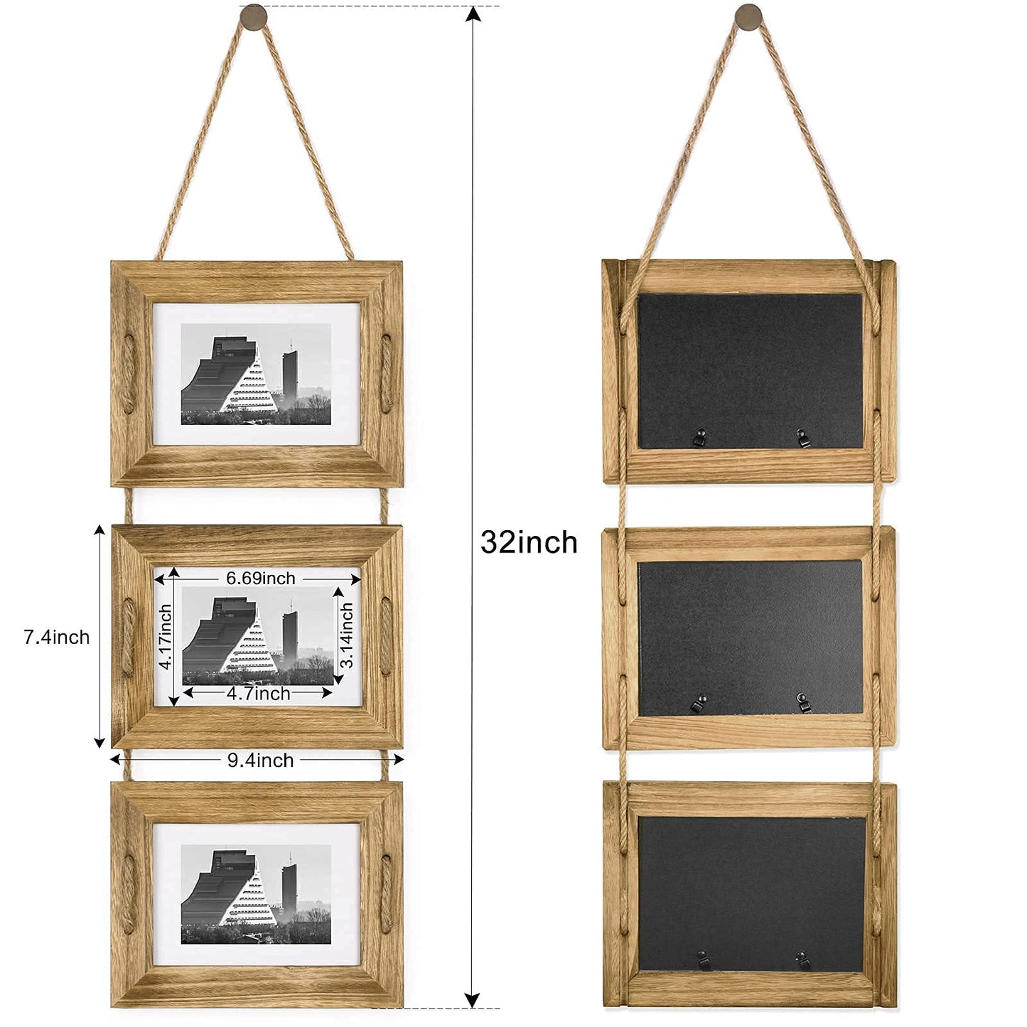 DLQuarts 5x7 Hanging Picture Frames Collage Wall Decor, 3-Opening Photo Frames 5x7 without Mat & 3.5x5 with Mat, Rustic Wood, Carbonized Black