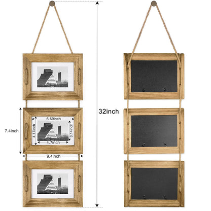 DLQuarts 5x7 Hanging Picture Frames Collage Wall Decor, 3-Opening Photo Frames 5x7 without Mat & 3.5x5 with Mat, Rustic Wood, Carbonized Black