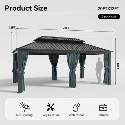 HOTEEL 12x20 Gazebo on Clearance with Metal Roof, Heavy Duty Hardtop Gazebo with Flame-Retardant Curtain & Netting, Outdoor Hard Top Gazebos with Galvanized Steel Double Roof for Backyarad,Patio Black