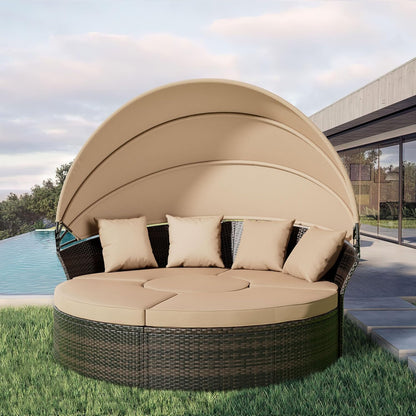 Outdoor Furniture Patio Round Daybed with Retractable Canopy, Black Wicker Clamshell Sectional Seating with Cushions for Patio, Backyard, or Porch, Pool Round Bed (Brown)