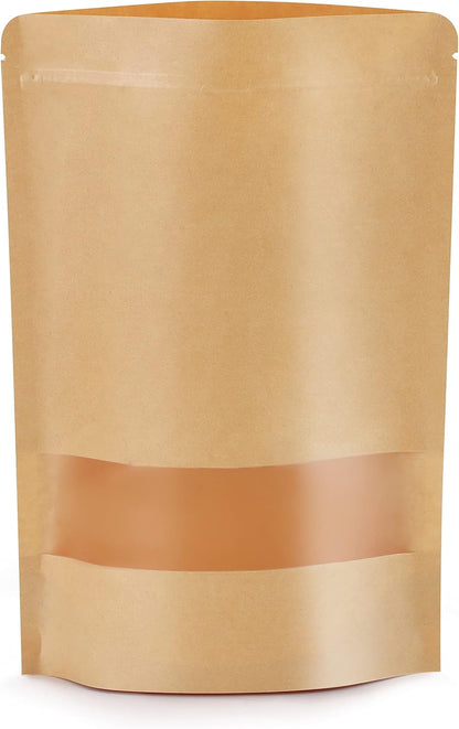 100pcs Kraft Bags with Window, 3.5x5.5 Inches, Brown Reusable Zip Lock Food Storage Pouches