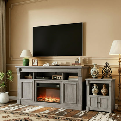 GAOMON 58 Inch Fireplace TV Stand, Wooden Entertainment Center with 36 Inch Electric Fireplace, 3D Realistic Flame, Farmhouse Media Console with Storage Cabinets for Living Room, Gray