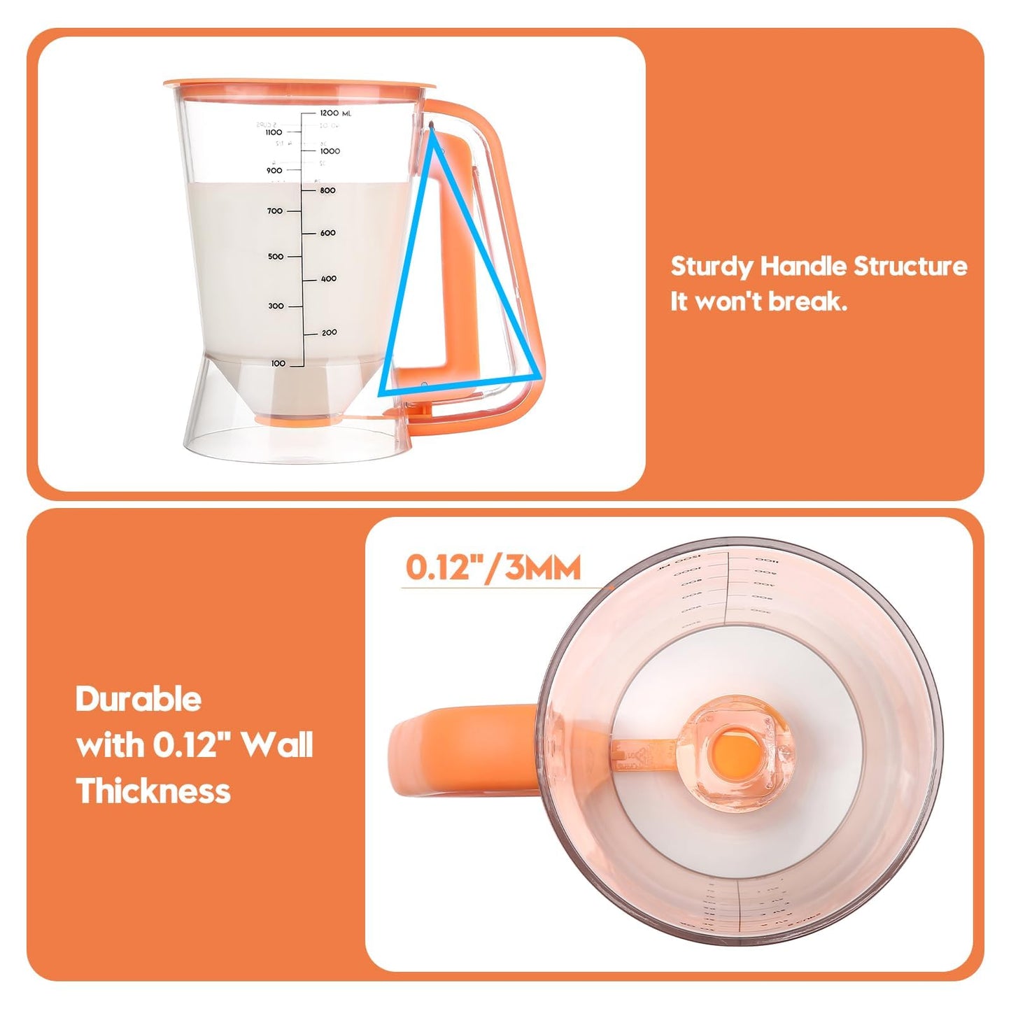 GAGAQI Pancake Batter Dispenser 5 Cup with Sturdy Handle,Batter Separator for Pancakes, Cupcake, Waffle, Muffin Mix, Cake & Crepe Batter pitcher with Squeeze Handle Baking Tools-Orange