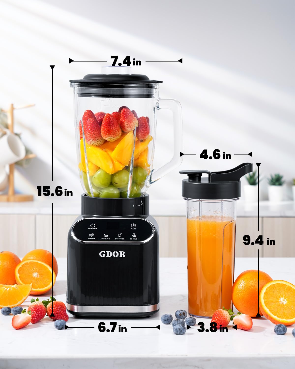 GDOR Professional Blender for Kitchen, 1200 Peak Watts Smoothie Blender, 5 Functions for Ice Crushing & Frozen Fruit, 52 Oz Glass Jar & 24 Oz To-Go Cup Combo, Self-Cleaning, Black