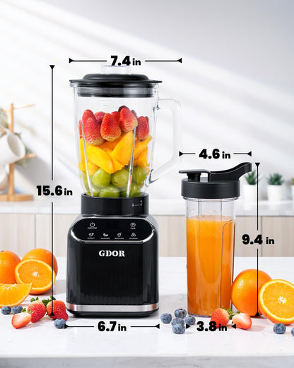 GDOR Professional Blender for Kitchen, 1200 Peak Watts Smoothie Blender, 5 Functions for Ice Crushing & Frozen Fruit, 52 Oz Glass Jar & 24 Oz To-Go Cup Combo, Self-Cleaning, Black