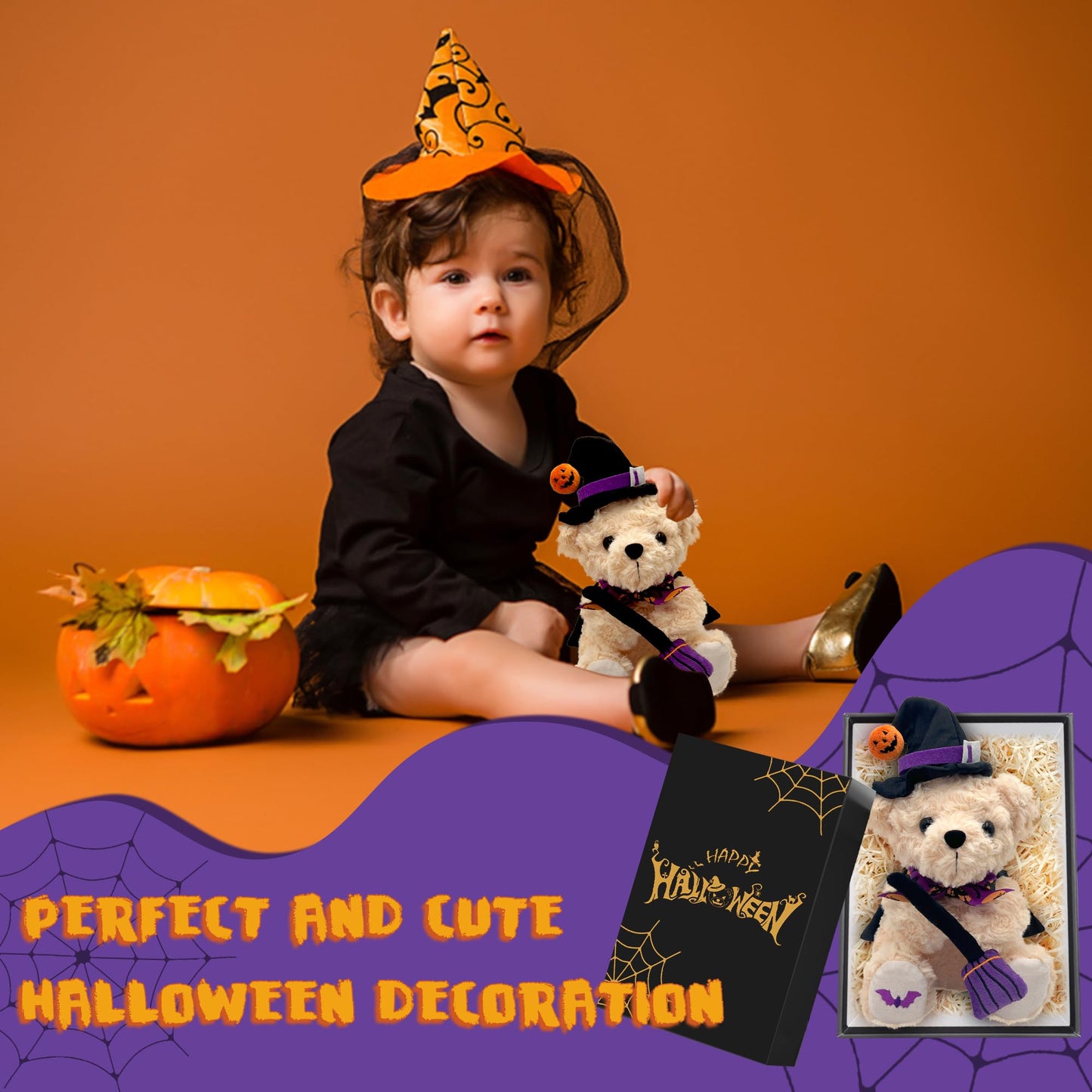 Numyawl Teddy Bear Stuffed Animal Witch Bear with Broomstick Witchy Stuff - Witch Gifts for Women, Cool Witchy Birthday Gifts for Kids - Cute Purple Bear Plush Toy Party Decorations - 8 Inch
