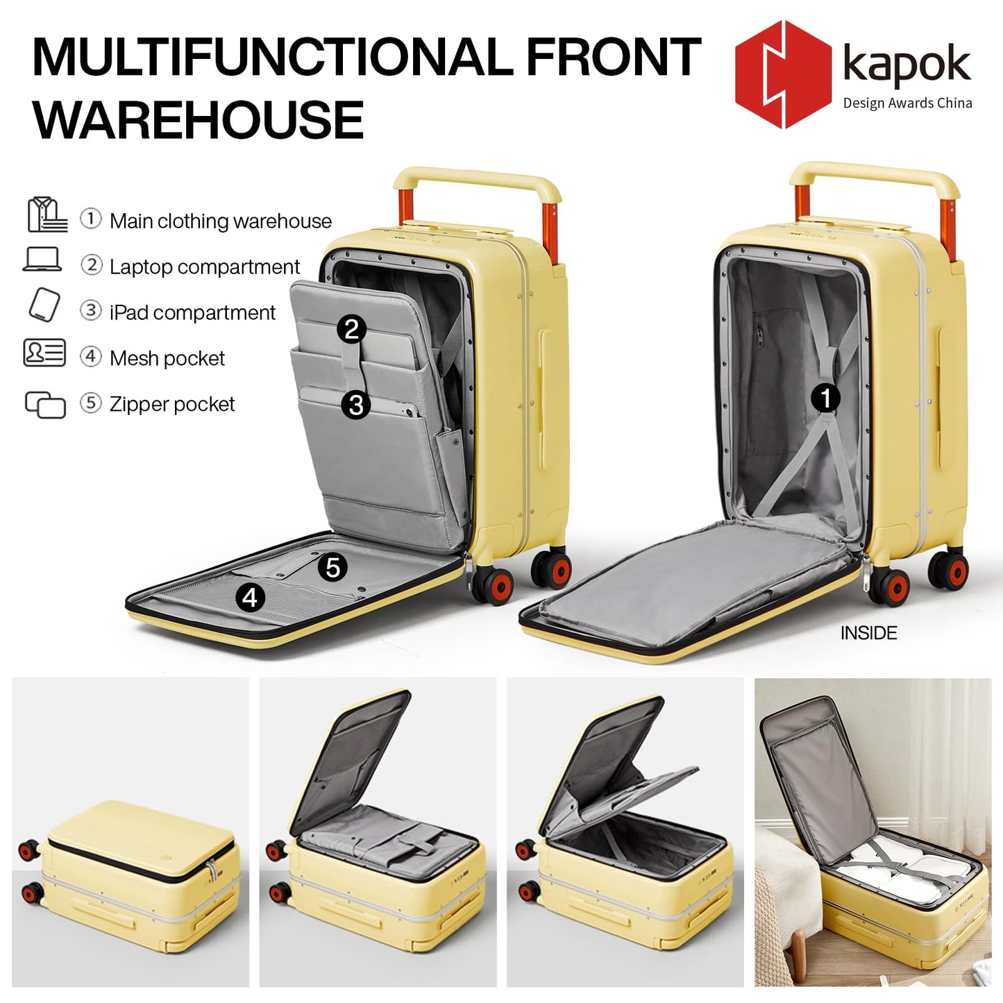 mixi Carry On Luggage Wide Handle Luxury Design Rolling Travel Suitcase PC Hardside with Aluminum Frame Hollow Spinner Wheels, with Cover, 20 inch, Lark Yellow