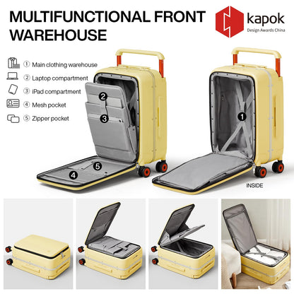 mixi Carry On Luggage Wide Handle Luxury Design Rolling Travel Suitcase PC Hardside with Aluminum Frame Hollow Spinner Wheels, with Cover, 20 inch, Lark Yellow