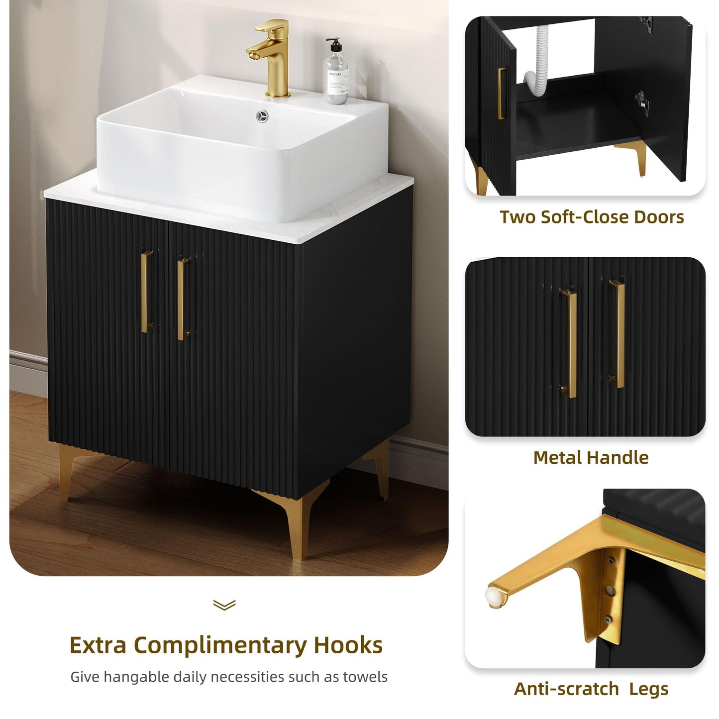 DWVO Bathroom Vanity 24 Inch with Counter Top Sink Combo, Modern Bathroom Storage Vanity Cabinet Set Included 2 Large Soft Closing Doors, Drain, Gold Handles & Legs, Black