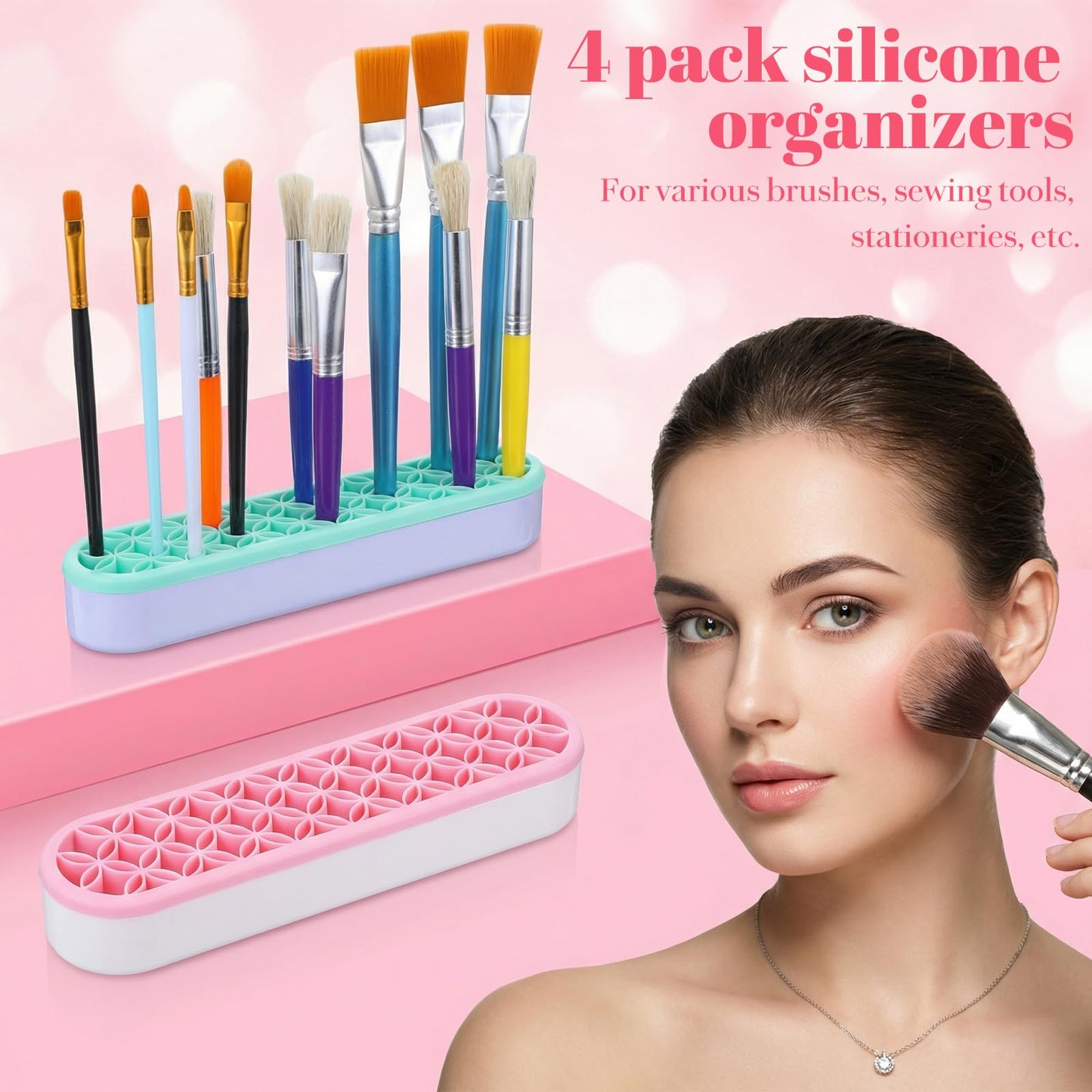 MAQUITA 4 Pack Silicone Makeup Brush Holder, Desktop Cosmetic Organizer Pen Holder, Sewing Tool Holders Beauty Tool Organizer Stand for Brush, Scissors, Toothbrush