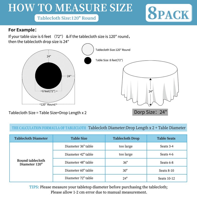 8 Pack Ivory Round Tablecloth 120 Inch Circle Polyester Table Cloth, Washable Fabric Stain and Wrinkle Resistant Table Cover Round Tableclothes for Wedding Parties Banquet Reception Dining