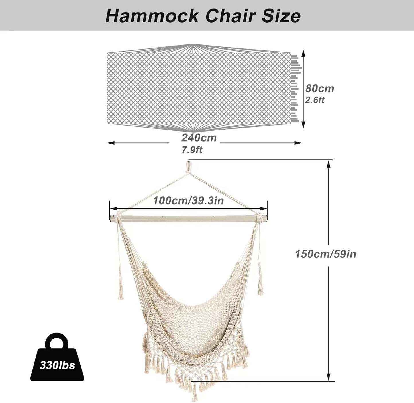 Hammock 330lbs, ChairMax Large Hanging Chair, Soft Cotton Rope Swing Chair with High Load-Bearing Metal Rod,Indoor