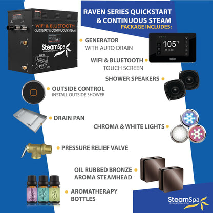 SteamSpa Steam System 12kW Steam Shower Generator with Bluetooth Wifi, Quickstart Continous Steam, Advanced Touch Pad Screen, Chroma Lights, Drain Pan and Auto Drain Oil Rubbed Bronze RVBS1200ORB-A
